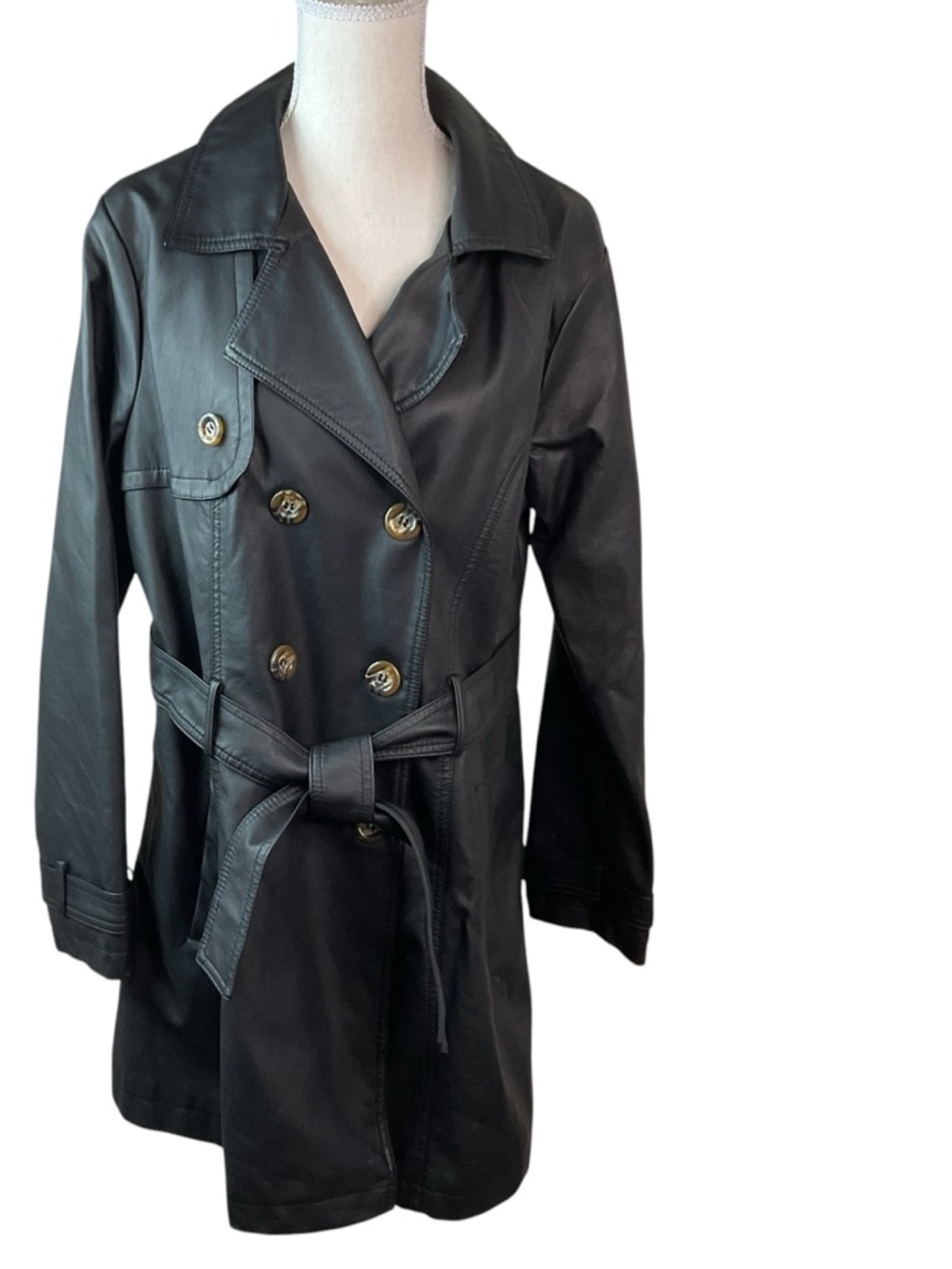 Urban Republic Black Double-Breasted Faux Leather Trench Coat with Waist Tie L